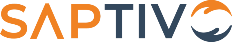 Logo of SAPTIVO, a CRM software solution, featuring a bold, modern design with the word 'SAPTIVO' in orange and dark blue. The logo includes a stylized 'A' with an open triangle and a circular arrow in the 'O', representing the brand's focus on customer relationship management (CRM) systems.