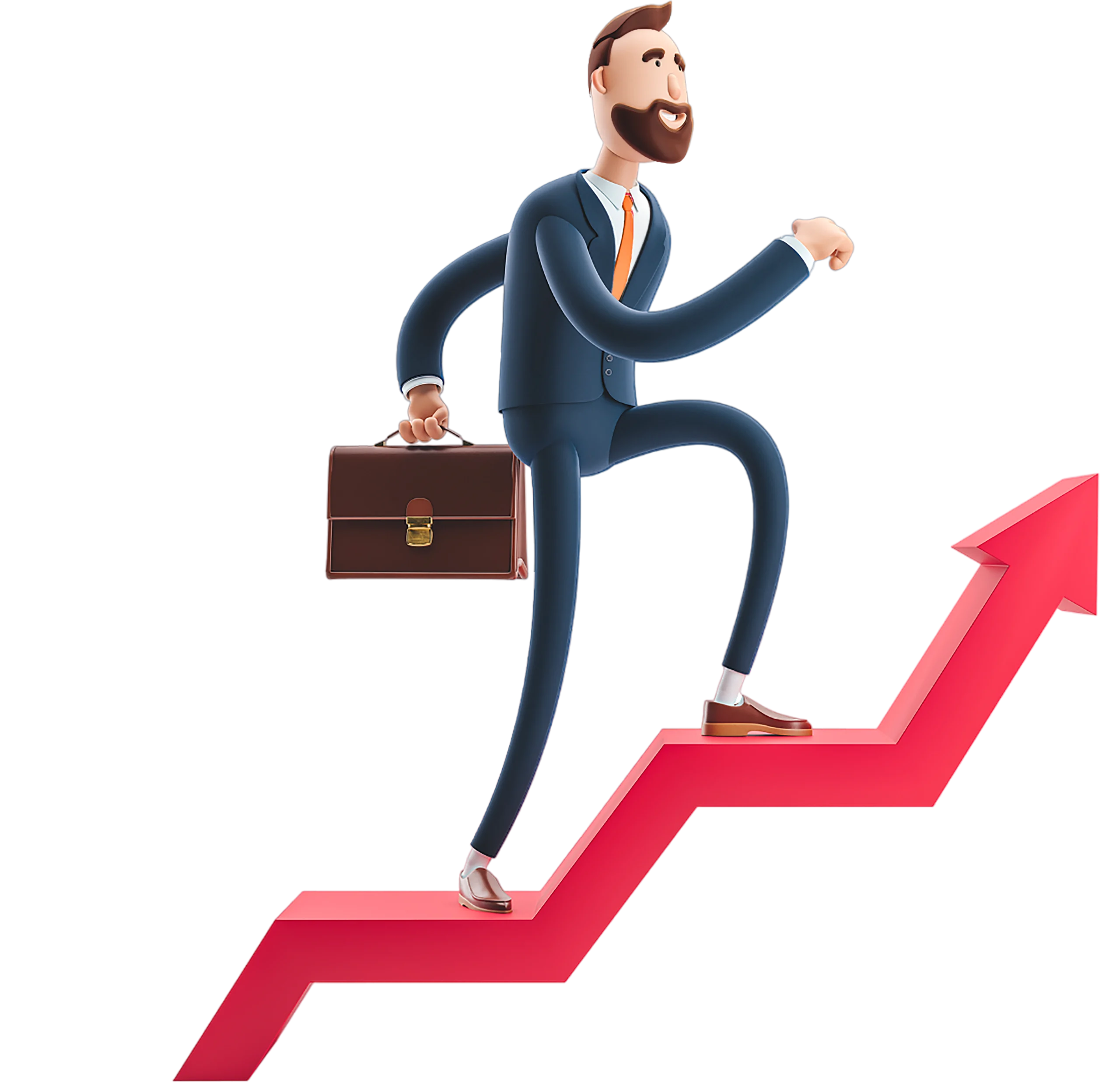 A 3D illustration of a businessman confidently climbing a red upward arrow, symbolizing growth and success, representing how Saptivo CRM helps businesses achieve higher performance and efficient customer management.