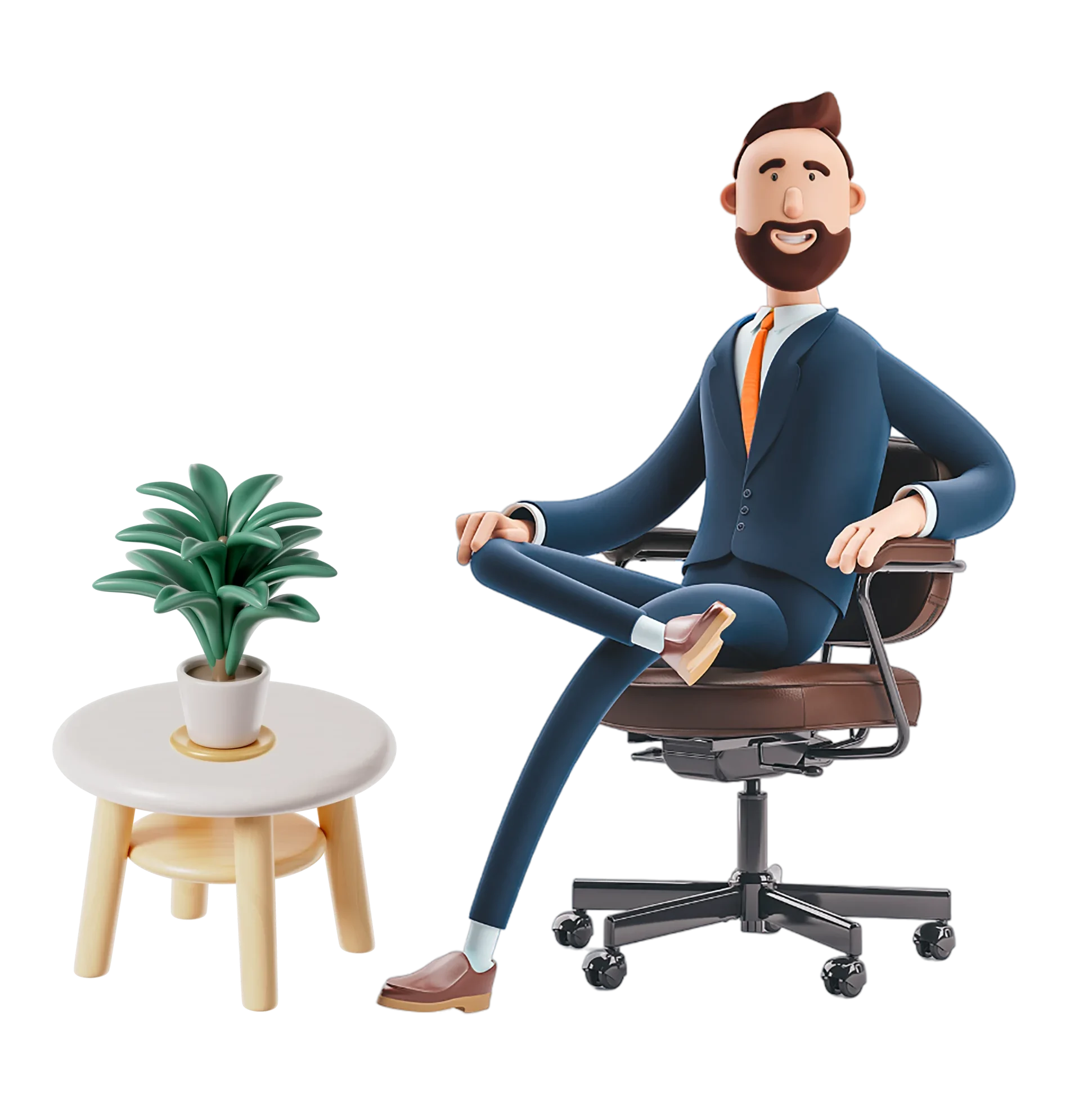 A 3D illustration of a person in a blue suit and tie, sitting cross-legged on an office chair next to a small table with a potted plant, against a white background.