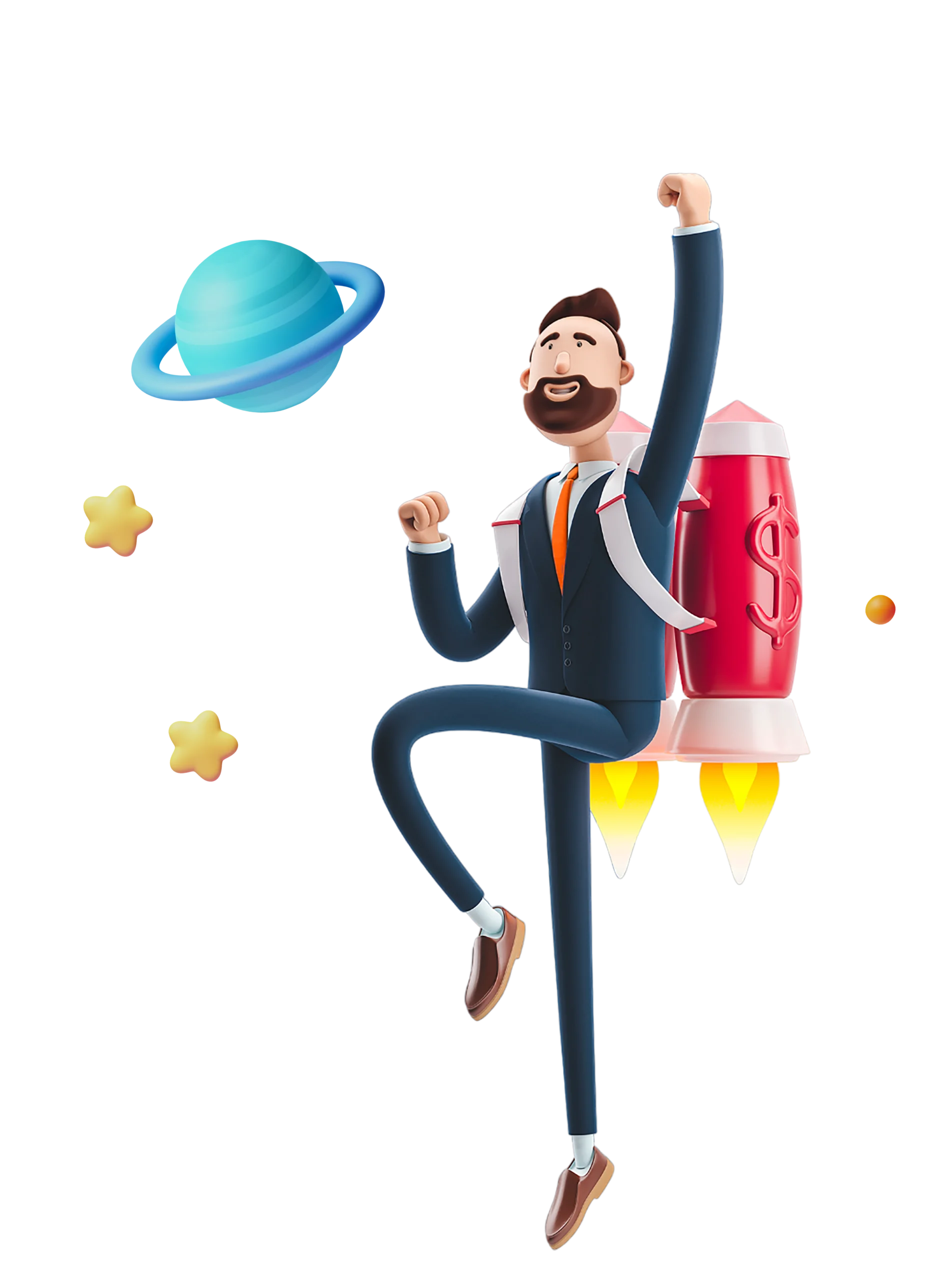 A 3D illustration of a businessman wearing a rocket backpack, soaring towards success, symbolizing growth and achievement, representing Saptivo CRM’s ability to boost business performance and streamline operations for faster results.