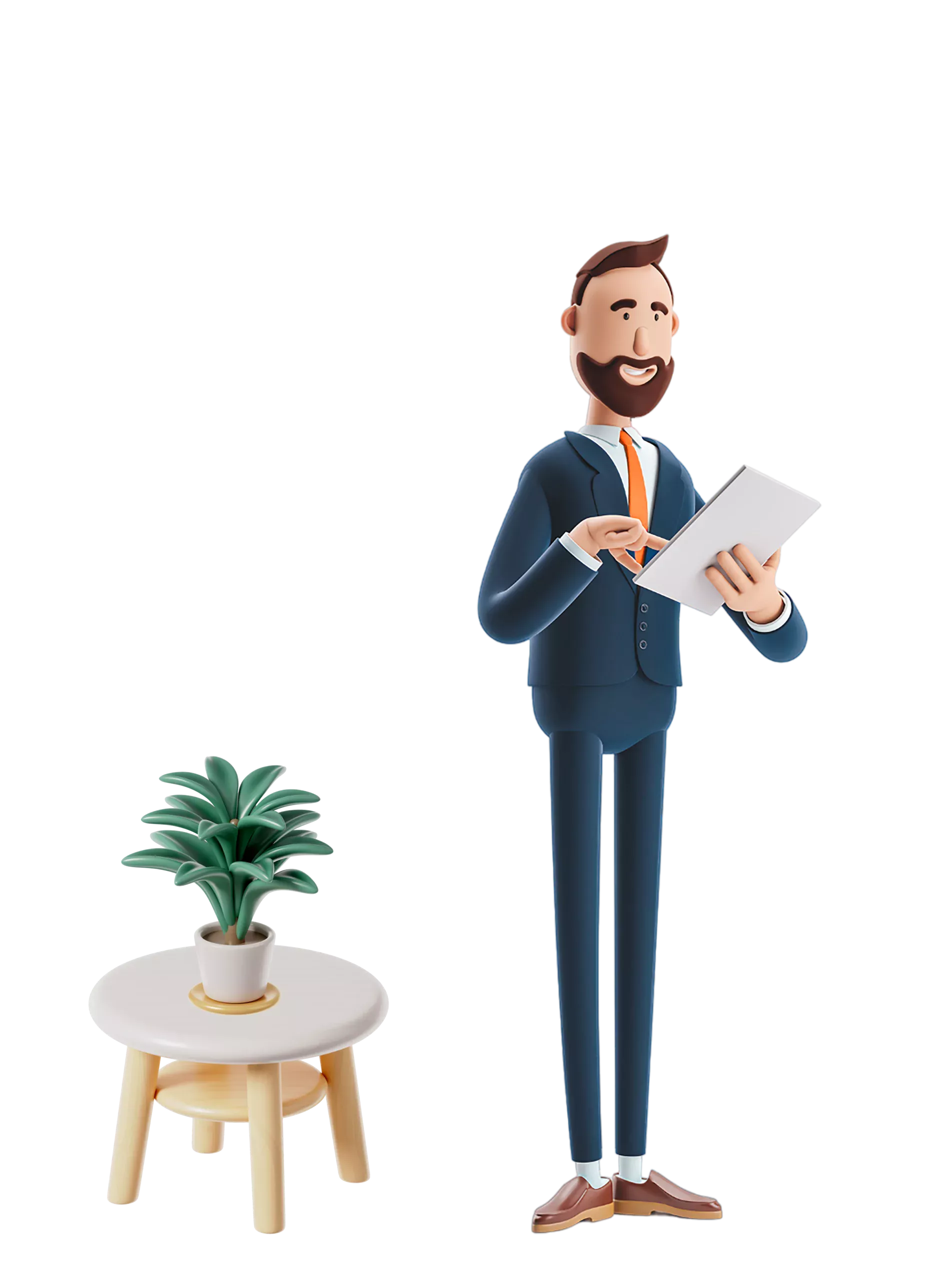 A 3D illustration of a businessman standing with a tablet in hand, smiling confidently, symbolizing streamlined management and productivity, highlighting Saptivo CRM’s user-friendly interface for efficient business operations.