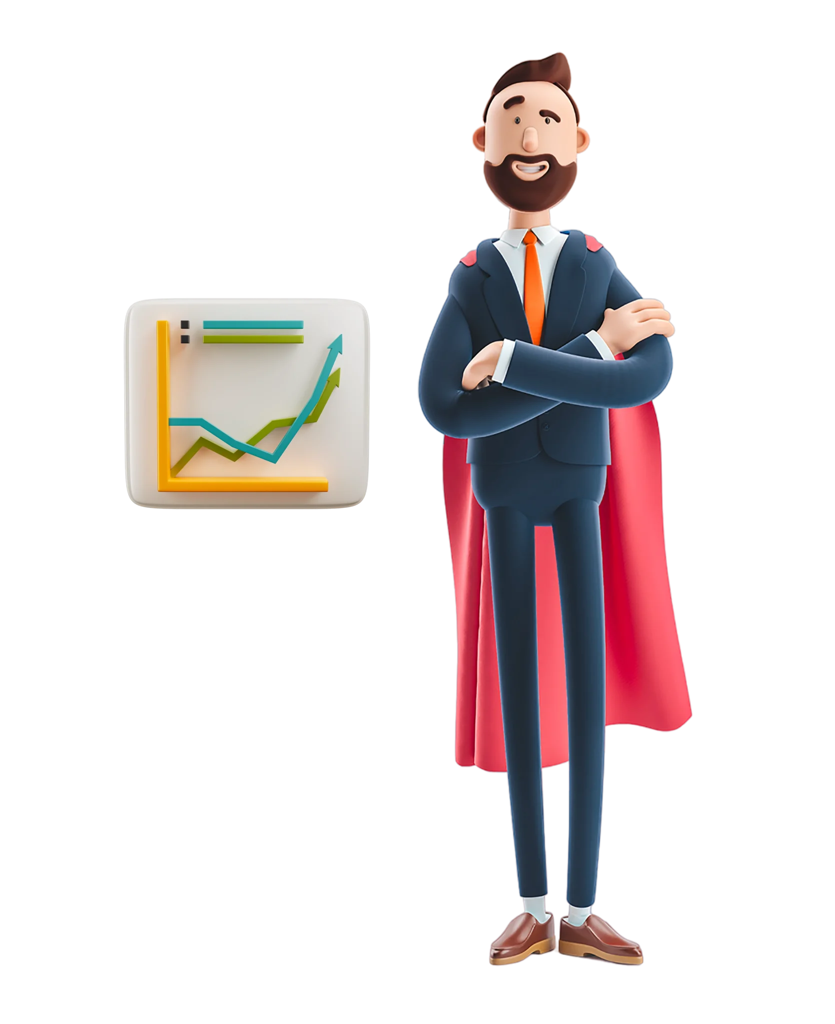 A 3D cartoon businessman wearing a cape, standing confidently with arms crossed next to a rising graph, representing growth.