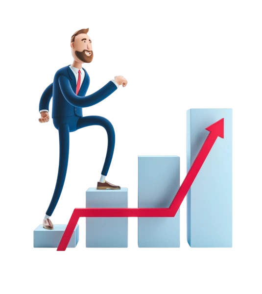 A figure with a cardboard box for a head, dressed in a blue suit, stepping up on a stylized bar graph with an upward trending red arrow, symbolizing growth or progress related to Saptivo - CRM System.