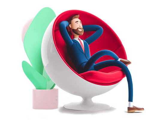 A satisfied customer, represented by a man in a suit, relaxing in a red egg chair, likely after a positive interaction with Saptivo CRM.