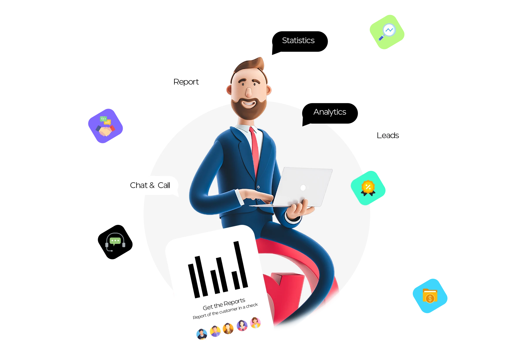 A 3D cartoon businessman holding a laptop surrounded by icons representing Saptivo - CRM system in Sri Lanka features like reports, chat & call, analytics, statistics, and leads.